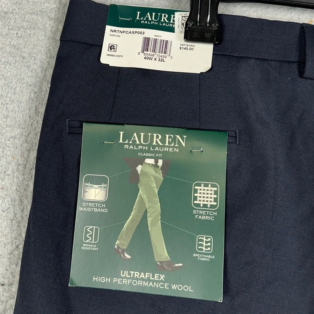 NEW Lauren Ralph Lauren Norton Wool Blend Pants Mens 40X32 Navy Ultraflex Dress